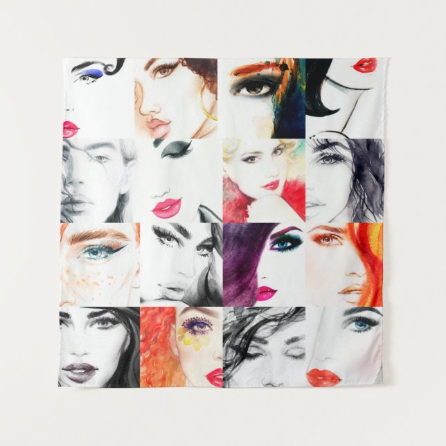 Watercolor female portrait pattern tapestry (Front)