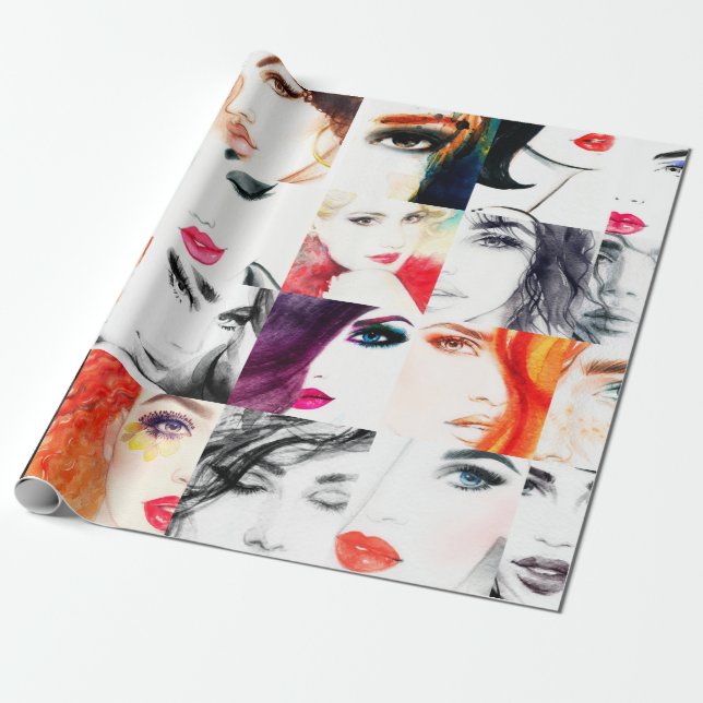 Watercolor female portrait pattern wrapping paper (Unrolled)