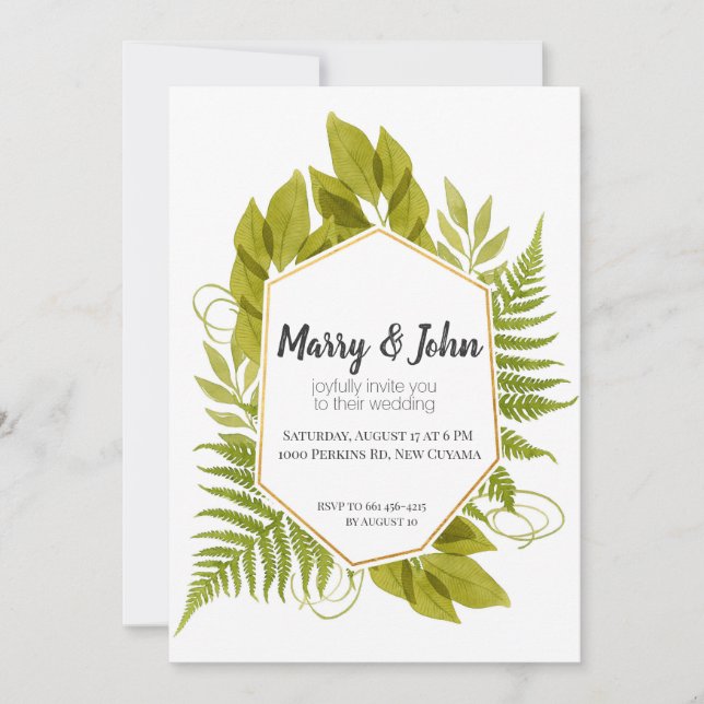 Watercolor Fern and Eucalyptus Golden Frame Thank You Card (Front)