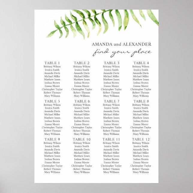 Watercolor fern. Greenery wedding seating chart (Front)