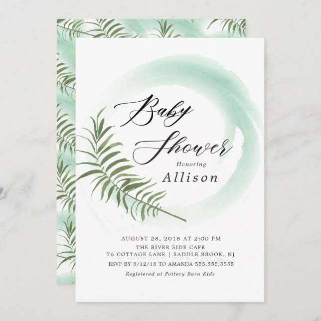 Watercolor Fern Leaf Baby Shower Invitation (Front/Back)