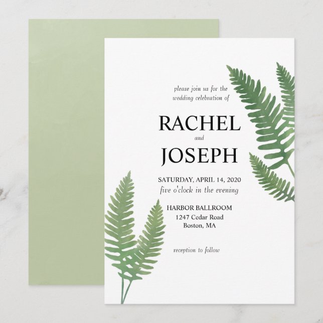 Watercolor Fern Wedding Invitation (Front/Back)