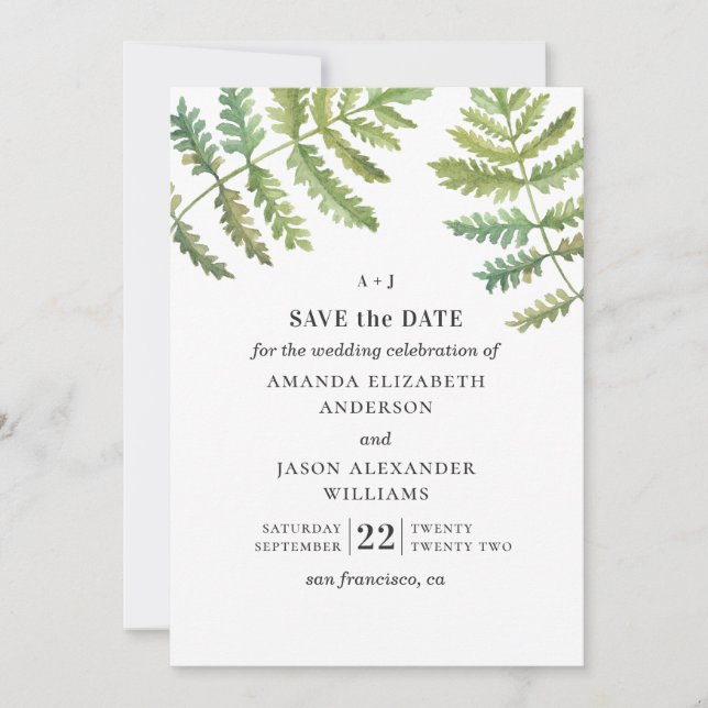 Watercolor fern. Woodland greenery foliage wedding Save The Date (Front)