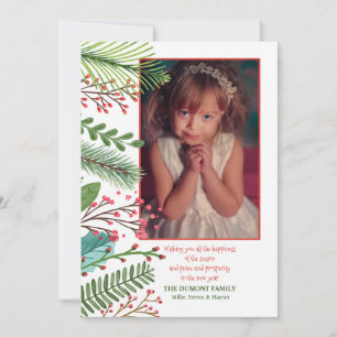 Watercolor Ferns and Berries Holiday Photo Card