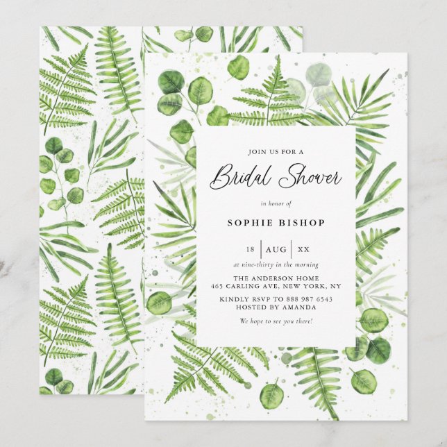 Watercolor Ferns and Eucalyptus Bridal Shower Invitation (Front/Back)