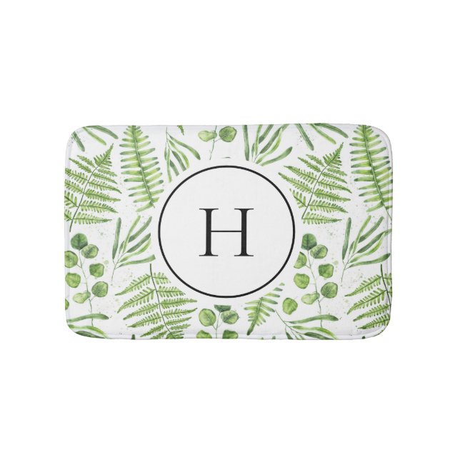 Watercolor Ferns and Eucalyptus Pattern Monogram Bath Mat (Front)