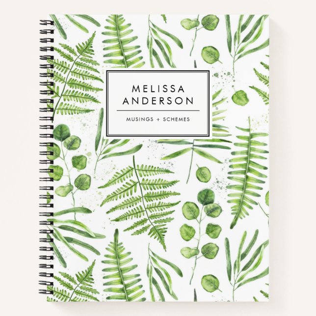 Watercolor Ferns and Eucalyptus Pattern Notebook (Front)