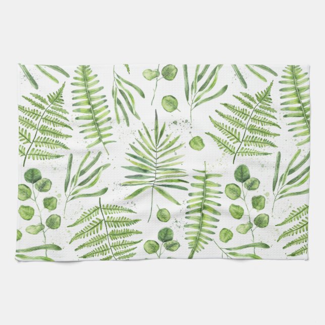 Watercolor Ferns and Eucalyptus Pattern Tea Towel (Horizontal)