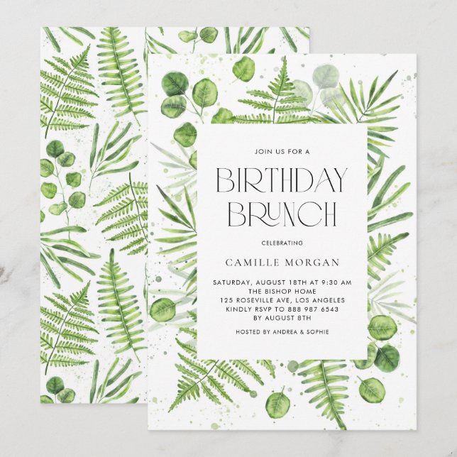 Watercolor Ferns & Eucalyptus Frame Birthday Party Invitation (Front/Back)