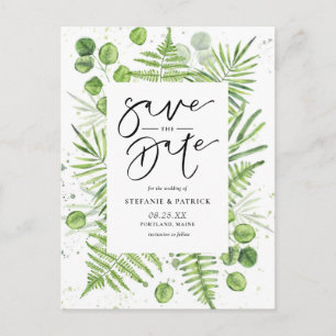 Watercolor Ferns & Eucalyptus Frame Save the Date Announcement Postcard