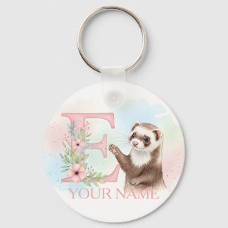 Watercolor Ferret with Floral Letter E Monogram Key Ring