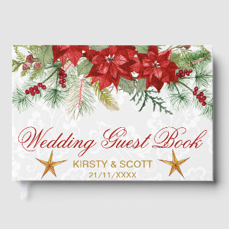 Watercolor Fesive Poinsettia Winter Wedding Guest Book