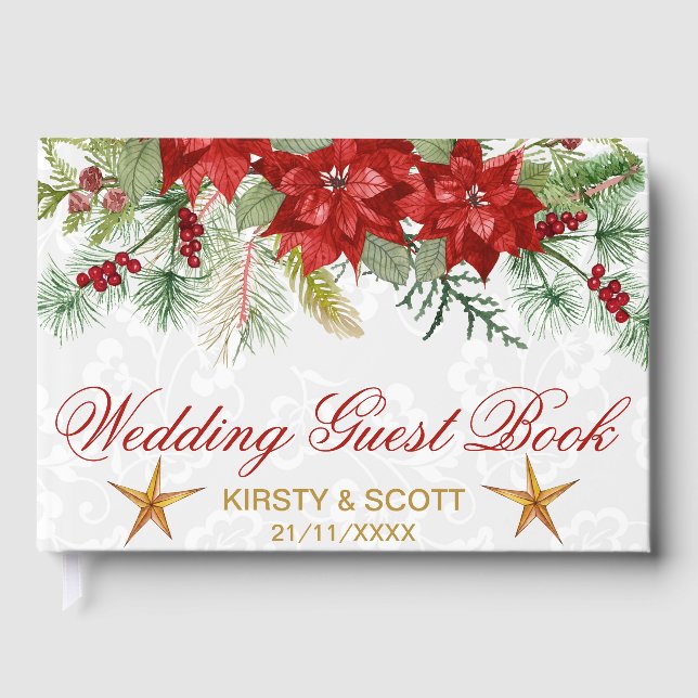 Watercolor Fesive Poinsettia Winter Wedding Guest Book (Front)