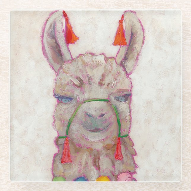 Watercolor Festival Llama Glass Coaster (Front)