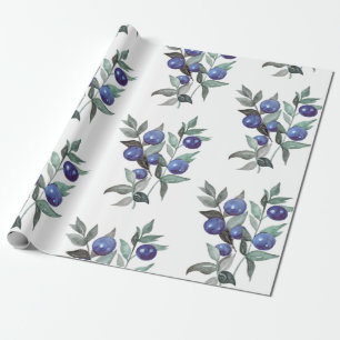 Watercolor Festive Christmas Blue Berries on White Wrapping Paper