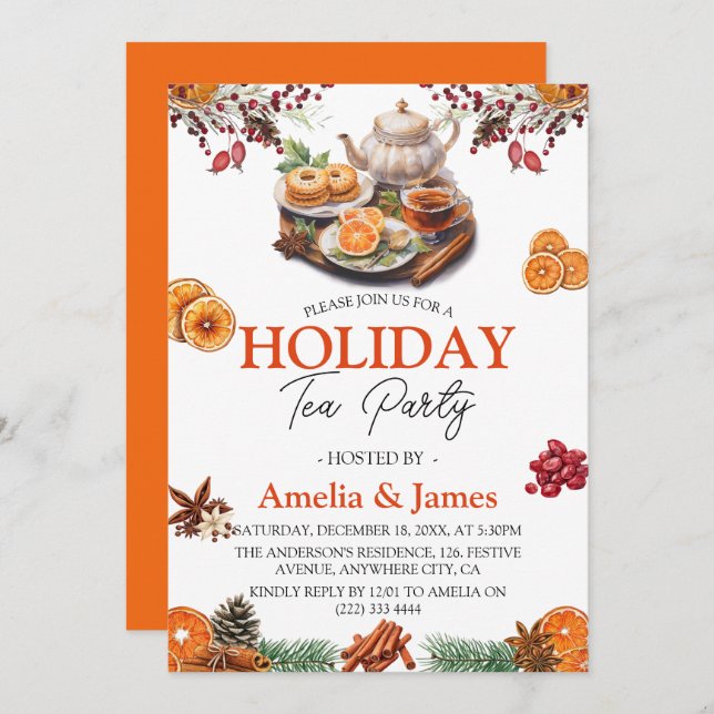 Watercolor Festive Christmas Holiday Tea Party Invitation (Front/Back)