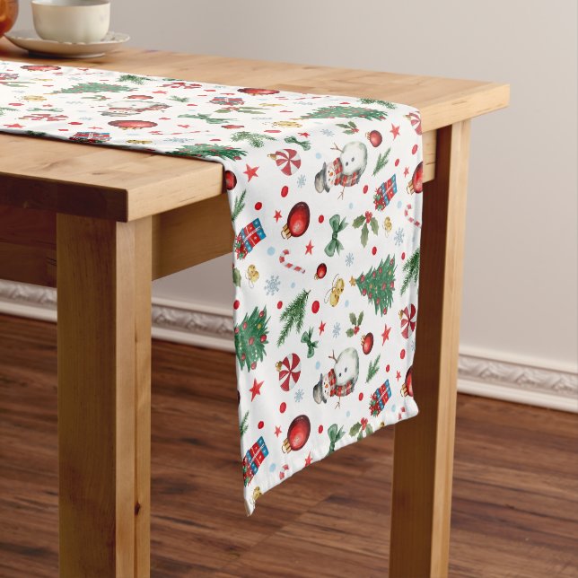 Watercolor Festive Christmas Pattern Colourful Long Table Runner (In Situ)