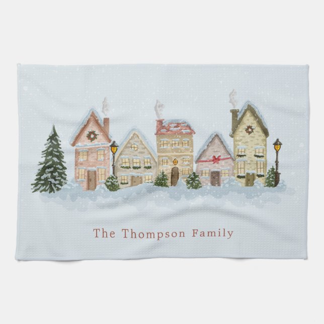 Watercolor Festive Christmas Village & Family Name Tea Towel (Horizontal)