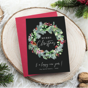 Watercolor Festive Christmas Wreath Black Holiday Card