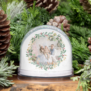 Watercolor Festive Christmas Wreath Family Photo Snowglobe