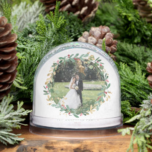 Watercolor Festive Christmas Wreath Wedding Photo Snowglobe