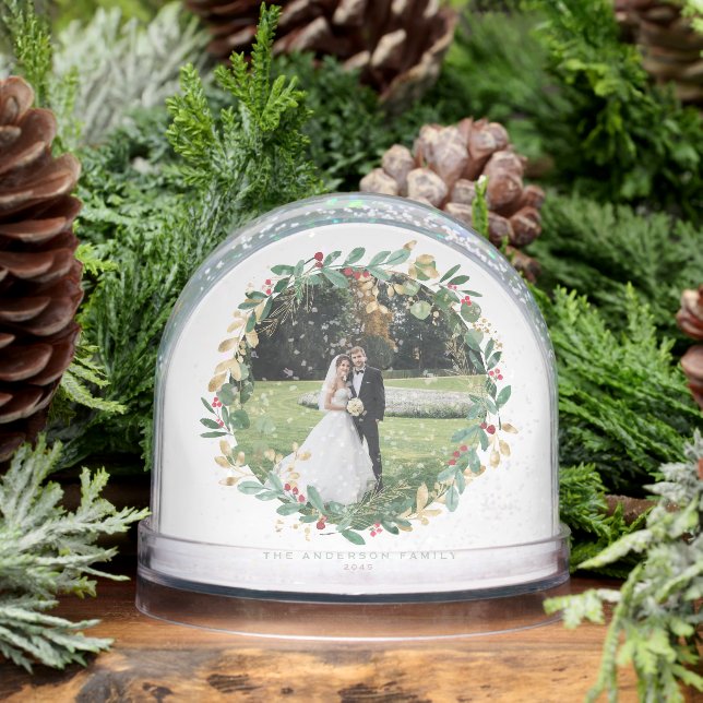 Watercolor Festive Christmas Wreath Wedding Photo Snowglobe (Winter)