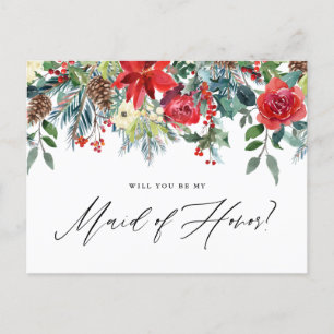 Watercolor Festive Floral Garland Maid of Honour Announcement Postcard