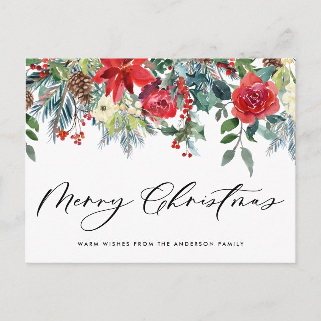 Watercolor Festive Floral Garland Merry Christmas Holiday Postcard (Front)