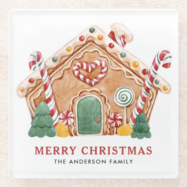 Watercolor Festive Gingerbread House Christmas Glass Coaster (Front)