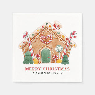 Watercolor Festive Gingerbread House Christmas Napkin