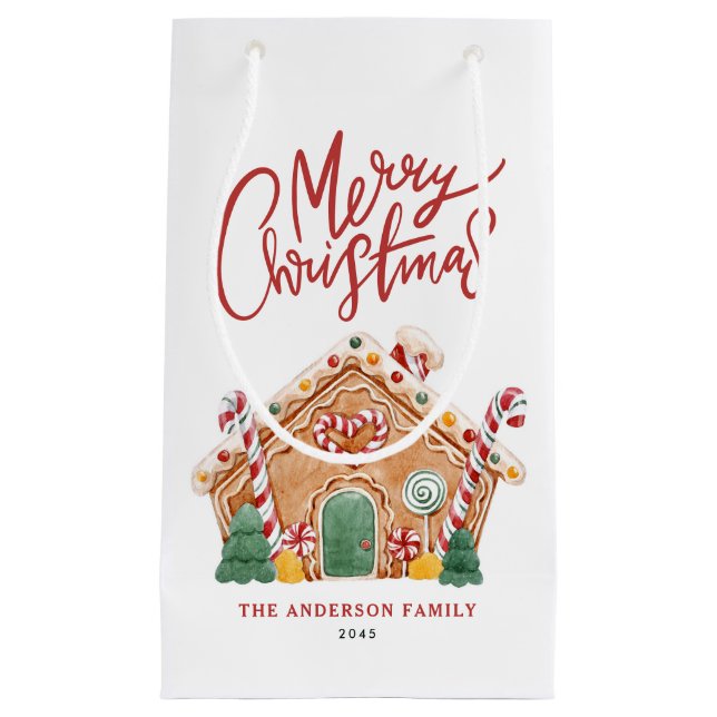 Watercolor Festive Gingerbread House Christmas Small Gift Bag (Front)