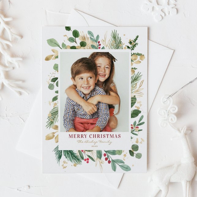 Watercolor Festive Gold Foil Merry Christmas Photo Holiday Postcard (Watercolor and Faux Gold Foil Winter Greenery Photo Merry Christmas Postcard)