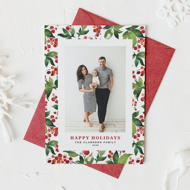 Watercolor Festive Greenery and Winterberry Photo Holiday Card (Watercolor Festive Greenery and Winterberry Photo Holiday Card)