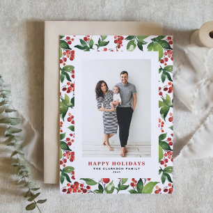 Watercolor Festive Greenery and Winterberry Photo Holiday Card