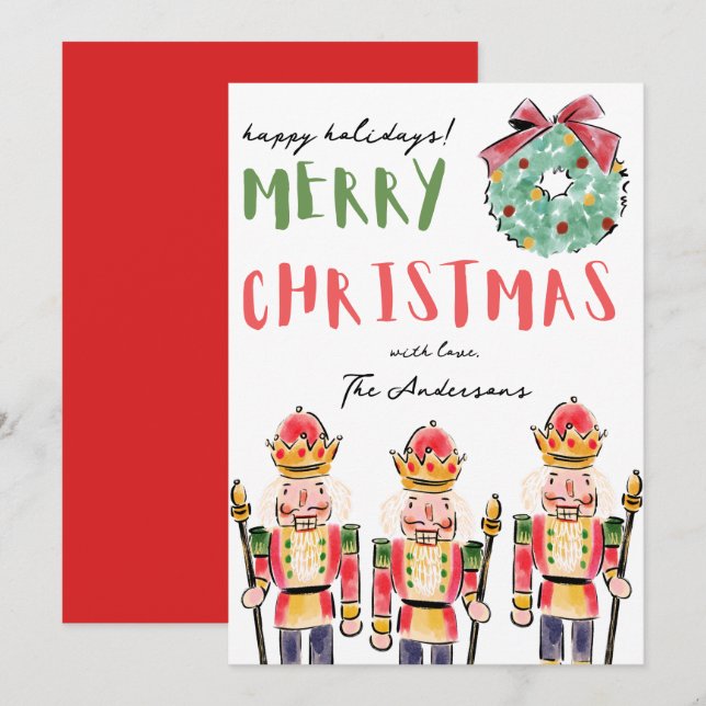 Watercolor Festive Hand Drawn Nutcracker Christmas Holiday Card (Front/Back)