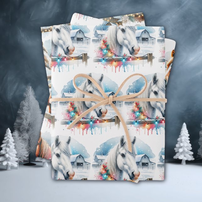 Watercolor Festive Horses Christmas Wrapping Paper Sheet (Creator Uploaded)