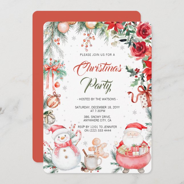 Watercolor Festive Modern Christmas Party Invitation (Front/Back)
