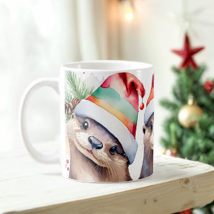 Watercolor Festive Otters Christmas Mug