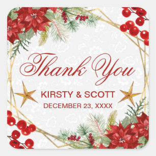 Watercolor Festive Poinsettia Winter Wedding Square Sticker