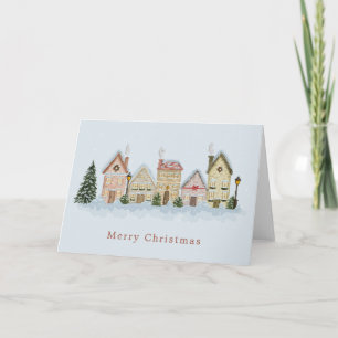 Watercolor Festive Winter Village Merry Christmas Holiday Card