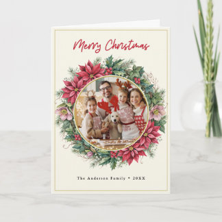 Watercolor Festive Wreath Elegant Merry Christmas Holiday Card