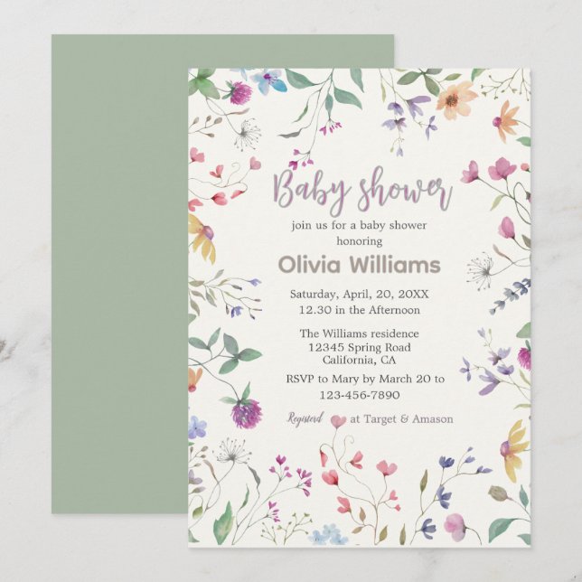 Watercolor field flowers Baby Shower Invitation (Front/Back)