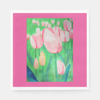 Watercolor Field of Pink Tulips Napkin