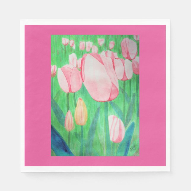 Watercolor Field of Pink Tulips Napkin (Front)
