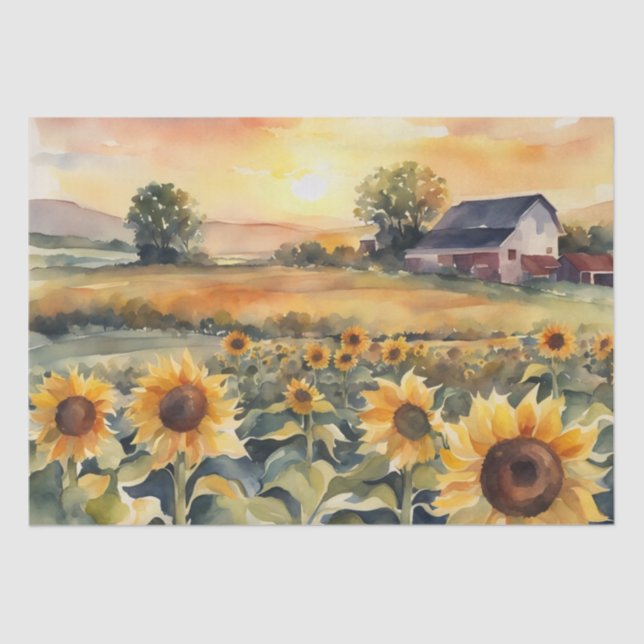 Watercolor Field of sunflowers and sunrise Tissue Paper (Front)