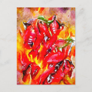 Watercolor fiercely burning chili peppers. Chili. Postcard