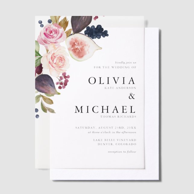 Watercolor Figs and Autumn Blooms Floral Wedding Vellum Invitations (Offset)