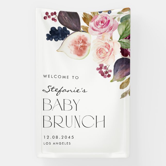 Watercolor Figs and Berry Floral Baby Brunch Banner (Vertical)