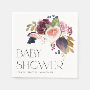 Watercolor Figs and Burgundy Floral Baby Shower Napkin
