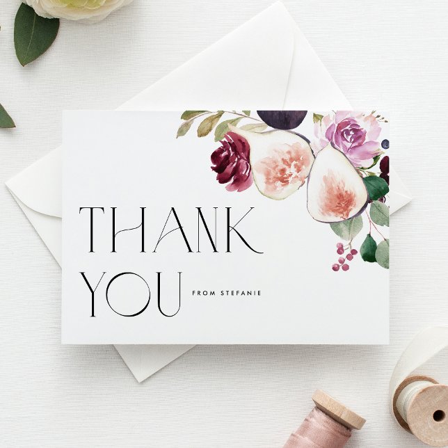 Watercolor Figs and Burgundy Flowers Thank You Postcard (Botanical thank you postcard featuring watercolor figs, berries & burgundy flowers. For fall events.)